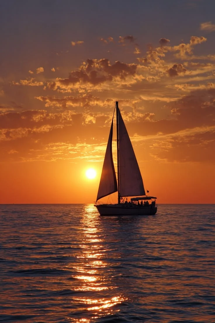 Silueta de un velero navegando frente al sol del atardecer